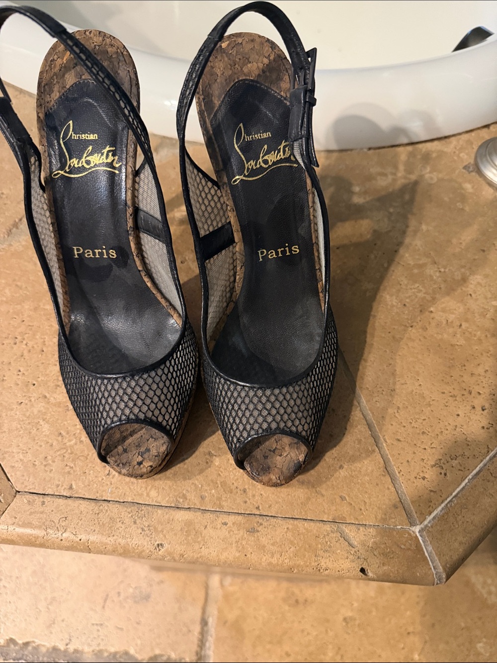 Christian Louboutin Black Mesh Peep-Toe Cork Platform Slingbacks